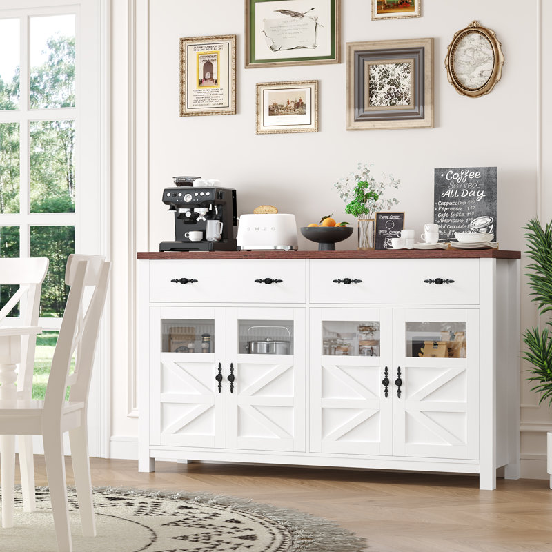Almus 55'' Sideboard with 4 Glass Doors, 2 Large Drawers and Adjustable Shelves, White/Brown